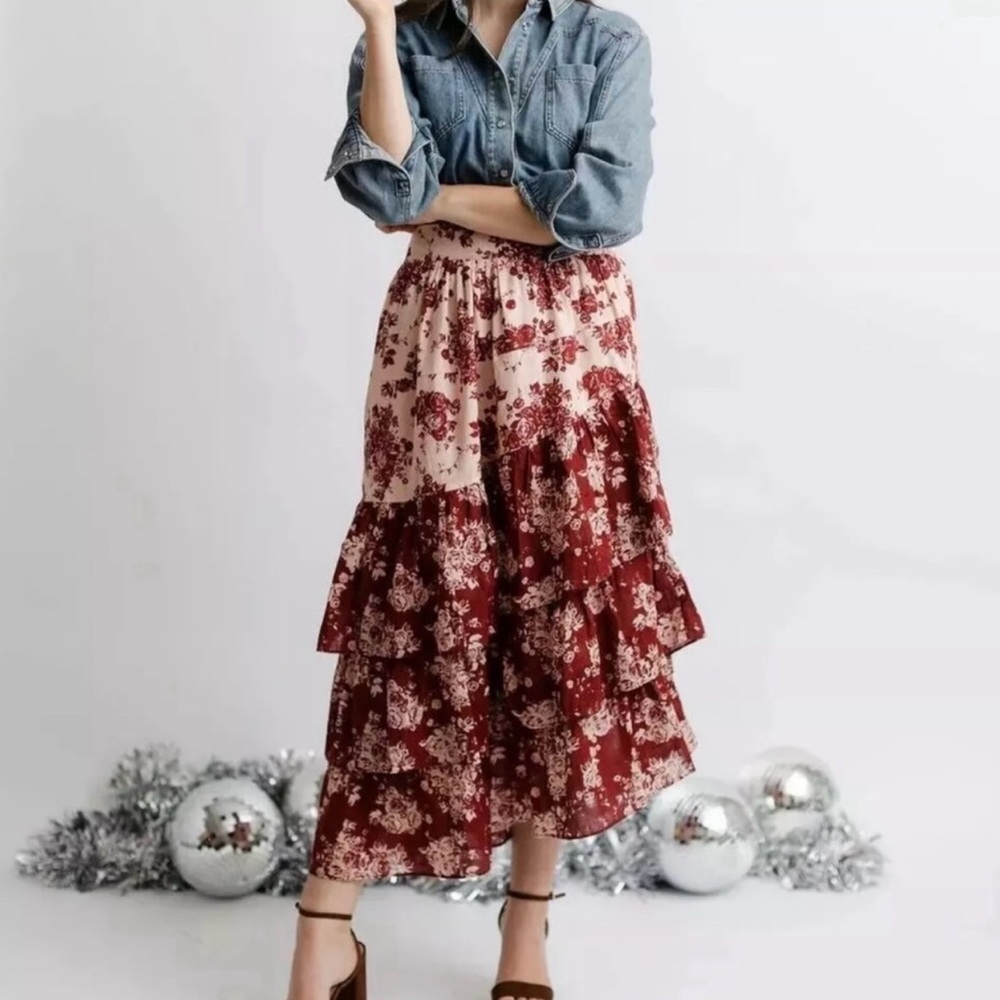 Asymmetrical Red and Pink Skirt - Picture 1 of 7